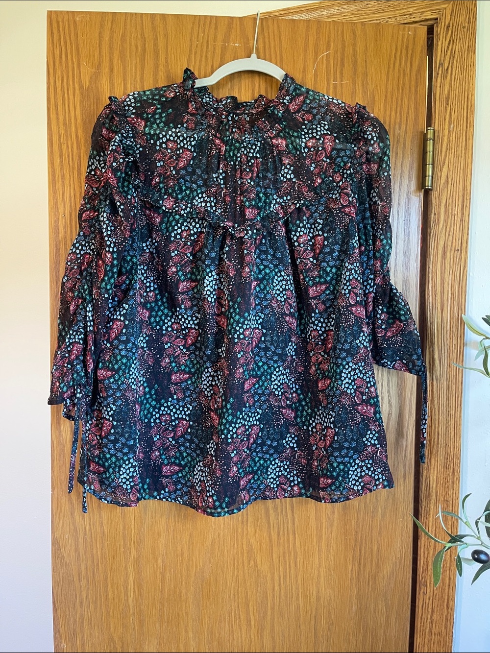 LOFT Black Floral Smocked Yoke Long Sleeve Blouse